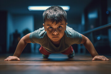 Dedicated little boy doing push ups at gym. - obrazy, fototapety, plakaty