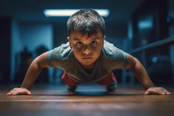 Rolgordijnen Dedicated little boy doing push ups at gym. © Bojan