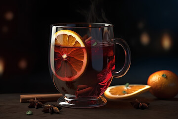 Closeup of glass of mulled wine with ingredients on dark background