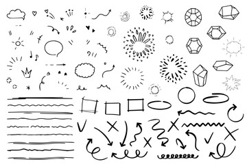 Hand drawn line arrow, sketch underline, round frame element set. Text highlight underline arrow pen style. Scribble sketch pencil stroke circle frame, heart, doodle graphic. Vector illustration