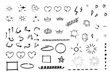 Hand drawn line arrow, sketch underline, round frame element set. Text highlight underline arrow pen style. Scribble sketch pencil stroke circle frame, heart, doodle graphic. Vector illustration
