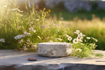 Flat stone on a background of Wildflowers, stand for your product mockup