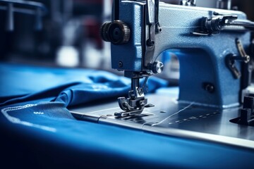 Closeup sewing machine working part textile. Needle equipment machinery industry cloth. Generate Ai - obrazy, fototapety, plakaty