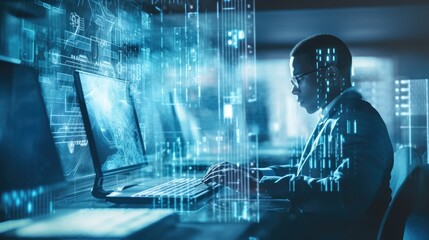 Man working on computer, matrix