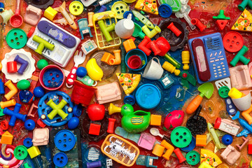 Old plastic children's toys, background.