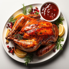 Thanksgiving celebration with roast turkey or chicken close-up baked on the table decorated with fruits and sauces. Top view
