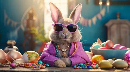 Cute easter bunny with pink sunglasses on nature background.