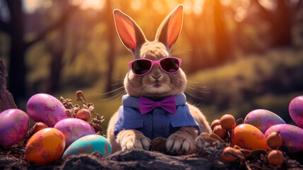 Easter bunny in sunglasses on a background of Easter eggs and decorations
