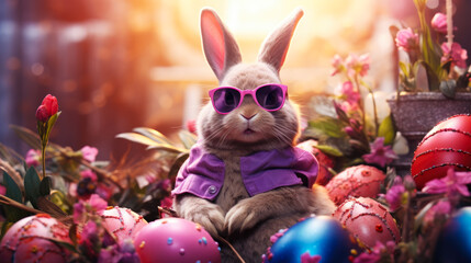 Easter bunny and easter eggs on nature background. Easter holiday concept.