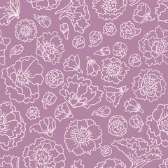 Delphinium floral pattern with white bold outlines on a violet background.