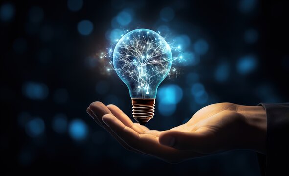 bright light bulb in hand with light reflection in the background, with light teal and dark sky blue color style, fantastic tool, combining realistic and fantastic elements, generative ai.