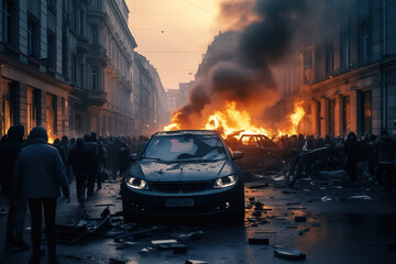 Burning car, unrest, anti-government, crime. - obrazy, fototapety, plakaty