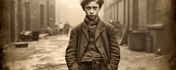 A boy standing on the street. Vintage 1900s style street photography. - obrazy, fototapety, plakaty
