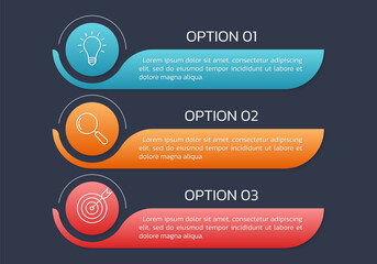 3 steps option infographic template. Presentation, layout design with business icons. Menu or list with 3 sections. Flow chart, process diagram, layout concept. Vector illustration.