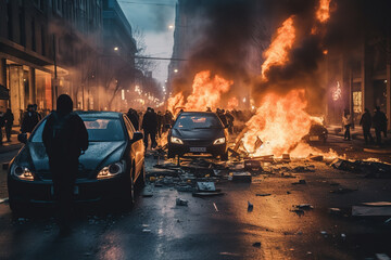 Cars in flames during the protests. - obrazy, fototapety, plakaty
