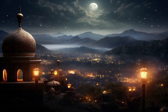 Islamic city in the night, dreamy and romantic background illustration