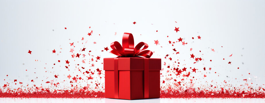 Red holiday gift box with red ribbon on white background