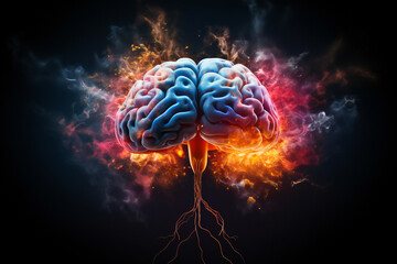 Colored human brain with wires coming out from it. Human brain and consciousness concept.