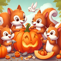 A group of joyful squirrels carving pumpkins together.