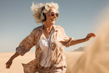 Smiling senior woman listening to music and walking on the beach