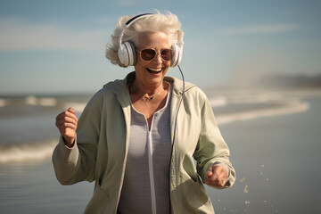Smiling senior woman listening to music and walking on the beach