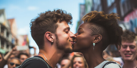 Young couple kissing each other in public with crowded people in the background. - obrazy, fototapety, plakaty