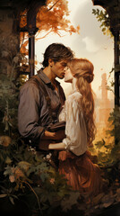 elegant cover design for a romance novel, showcasing a Victorian couple lost in each others eyes.