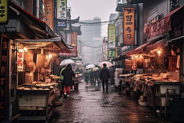 Image of a street food restaurant in Korea at night. - obrazy, fototapety, plakaty