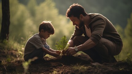 Father and son planting young sprout together, teaching importance of green, sustainable future and the role of trees in ecological balance. Nature conservation and sustainability for next generation.