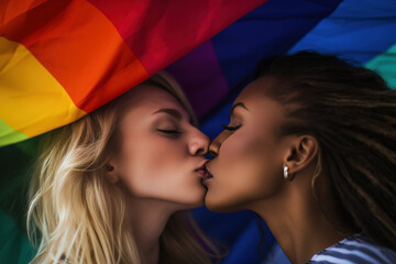 Close up of beautiful lesbian couple kissing over rainbow flag. Diverse gay couple, caucasian and african american woman. - obrazy, fototapety, plakaty