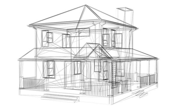 Endless loop of 3d house sketch rotating on white background.