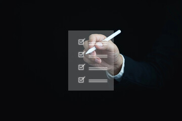 Checklist,Business performance checklist,businessman using laptop doing online checklist survey,filling out digital form checklist,take an assessment,online survey,online exam,questionnaire,evaluation