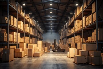 A large warehouse with multiple stacks of boxes, parcels, and a horizontal parcel shelf, lit by bulbs. Generative AI - obrazy, fototapety, plakaty