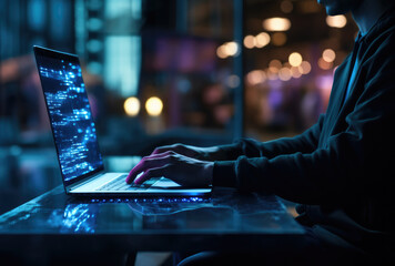 Close up shot of man working on laptop late night at the office