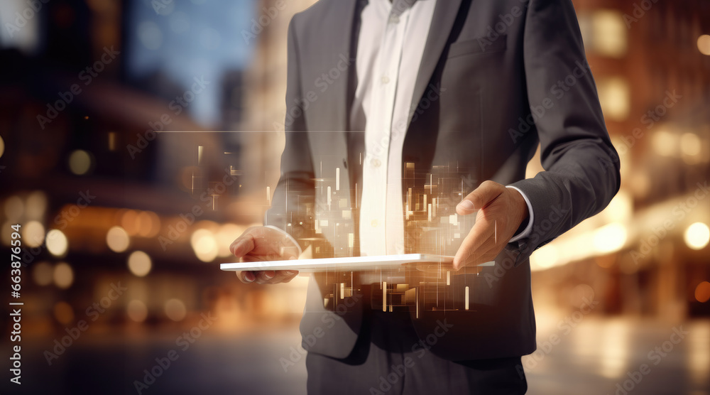 Poster close up shot of businessman using digital tablet with data projecting from screen