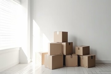 Boxes in a new house. White backdrop. Generative AI