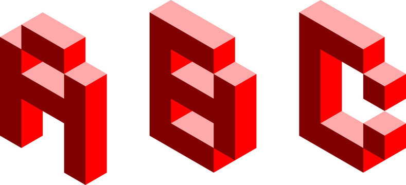 ABC Voxel Art 3D Style Isometric Perspective View Shaded Red Letter Icon Illustration. Vector Image.