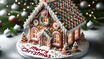 Fototapeta premium A meticulously crafted gingerbread house stands proudly, featuring vibrant candy embellishments. Atop its roof, 