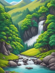 A serene Nature scene. River in forest. AI generated illustration