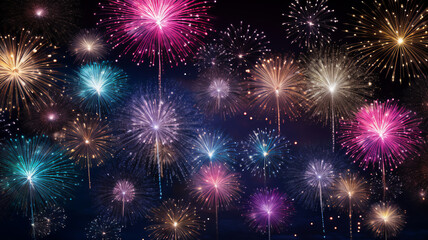 Naklejka premium Firework display which is a festival event on Guy Fawkes bonfire night and the New Year's eve for people to celebrate and have fun with exploding rockets, computer Generative AI stock illustration