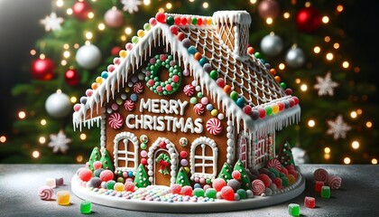 A meticulously crafted gingerbread house stands proudly, featuring vibrant candy embellishments. Atop its roof, "Merry Christmas" is gracefully penned in icing, offering sweet festive wishes.
