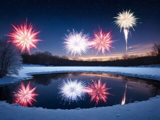 Fireworks Over A Pond - Powered by Adobe