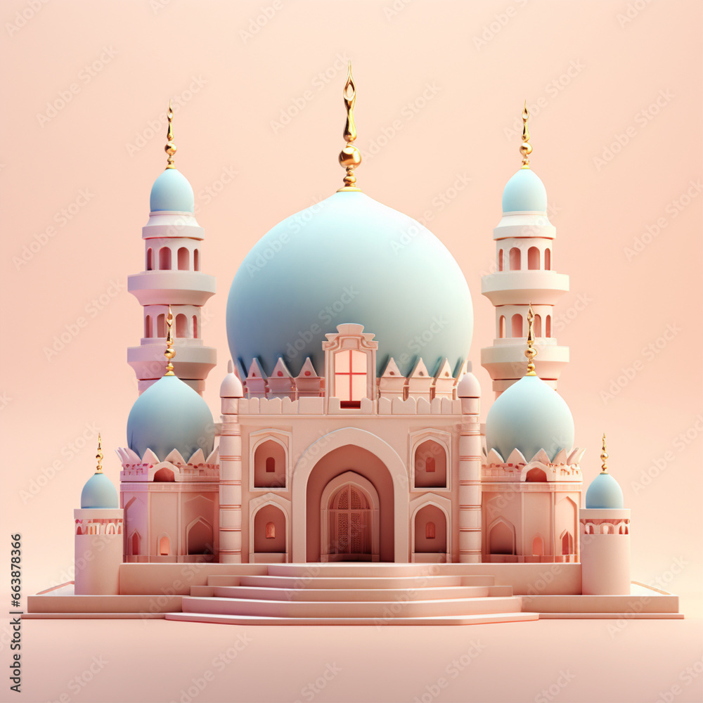 Wall mural 3d cute mosque icon design color background