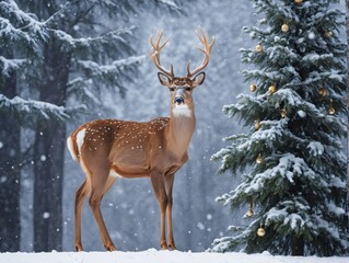 A Deer Standing In The Snow Next To A Christmas Tree