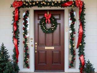 Fototapeta na wymiar A Christmas Wreath On The Front Door