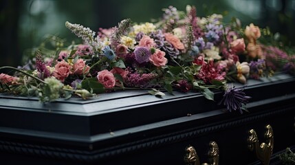Dark coffin with flowers, funeral ceremony and farewell. Generative AI - obrazy, fototapety, plakaty