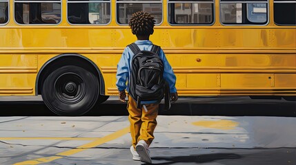 Boy in a backpack goes to the school bus. Generative AI