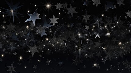 Sparkling stars on black background. Black Friday sale, Christmas, New Year concept. Festive elegant abstract dark glitter illustration..