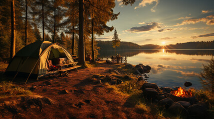 Camping and tent under the pine forest near the lake with beautiful sunlight. generative ai