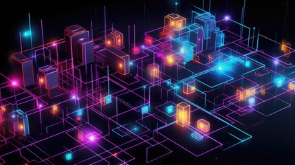 Futuristic metaverse and blockchain technology network concept with digital cubes blocks in glowing style on black background. Black Friday, Cyber Monday concept. Modern abstract design illustration..